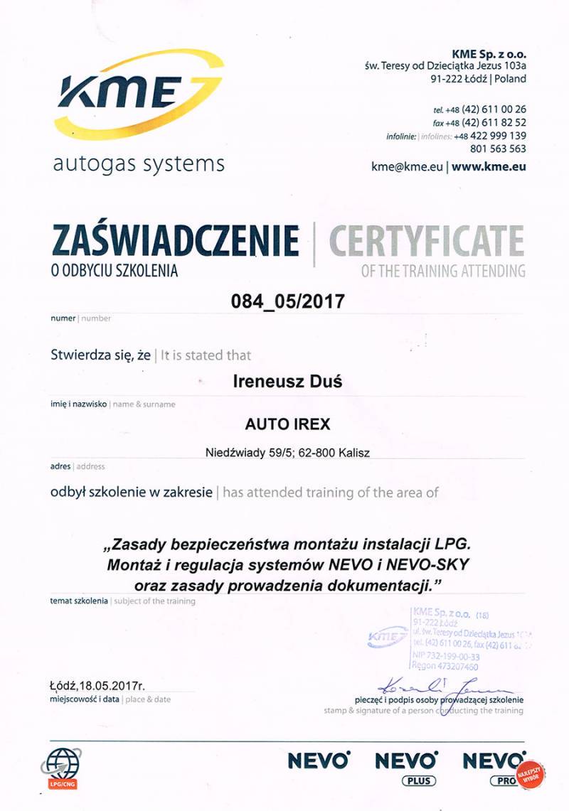 Certyfikat ukończenia szkolenia - Zasady bezpieczeństwa montażu instalacji LPG. Montaż i regulacja systemów NEVO i NEVO-SKY oraz zasady prowadzenia dokumentacji.