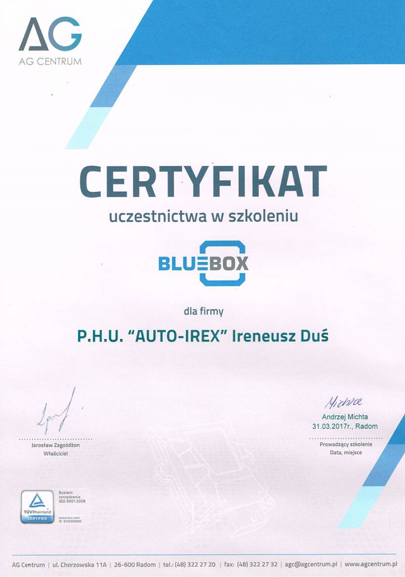 Certyfikat ukończenia szkolenia Blu-Box
