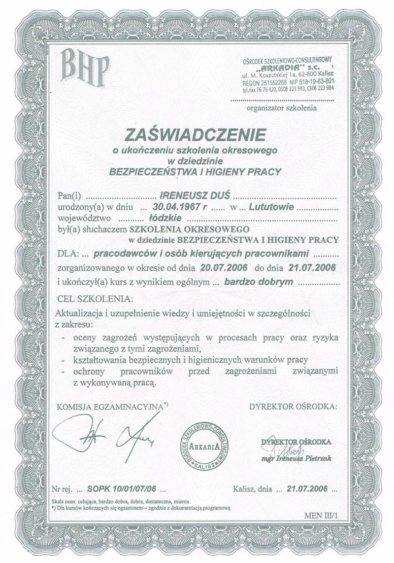 Certyfikat ukończenia szkolenia w dziedzinie BHP - bezpieczeństwa i higieny pracy