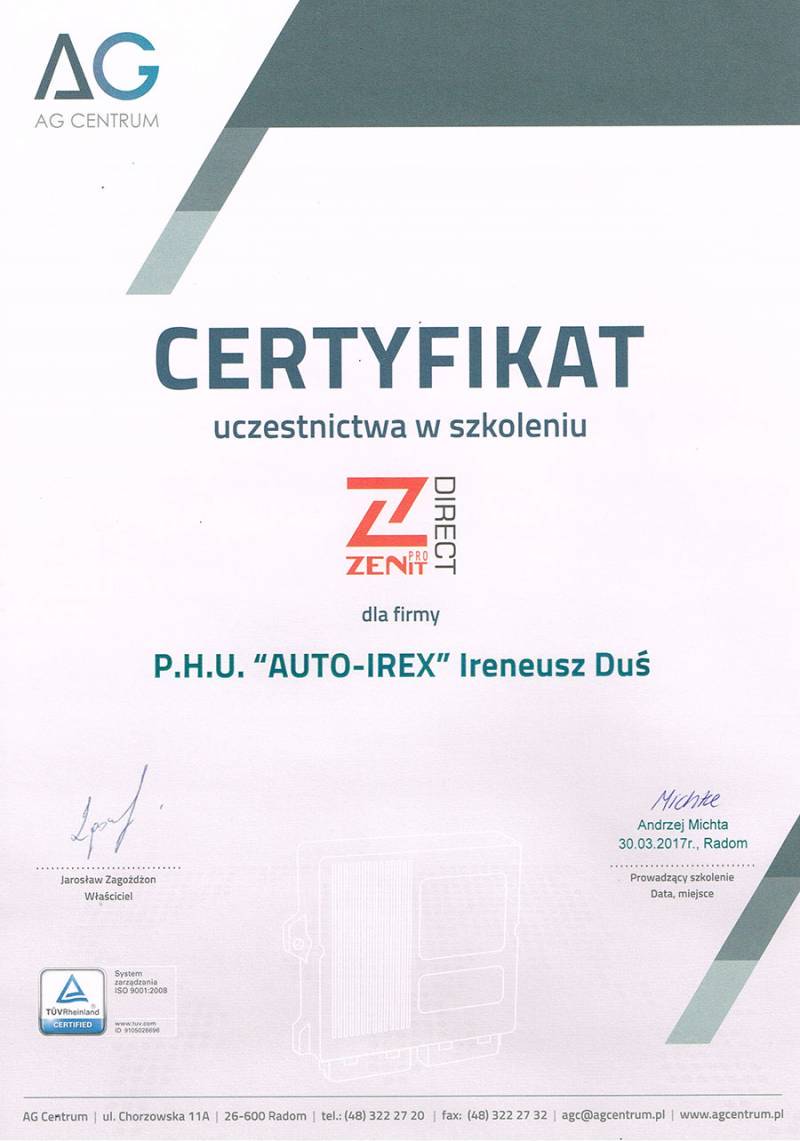 Certyfikat ukończenia szkolenia Zenit Pro Direct