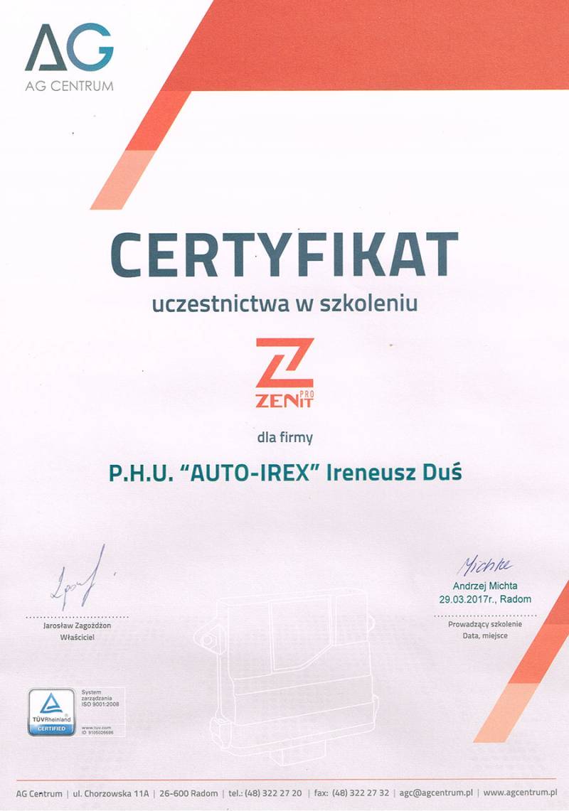 Certyfikat ukończenia szkolenia Zenit Pro