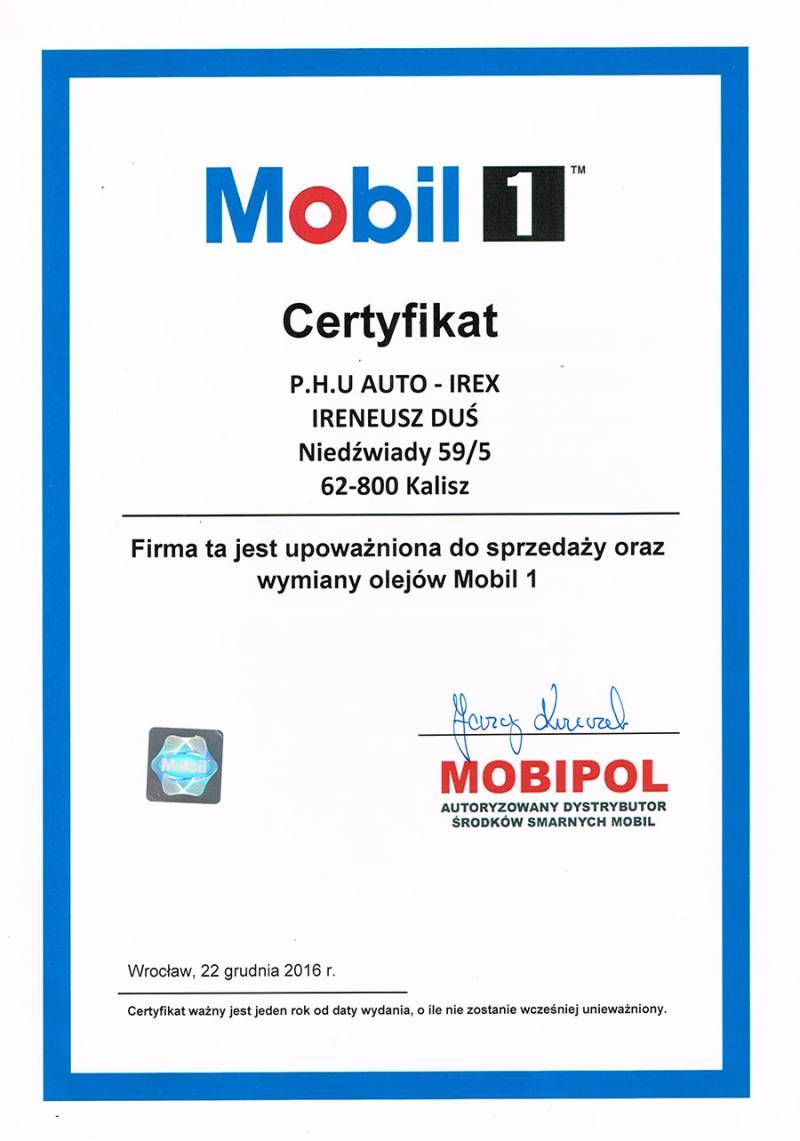 Certyfikat upoważniający firmę P.H.U AUTO - IREX do sprzedaży oraz wymiany olejów Mobil 1